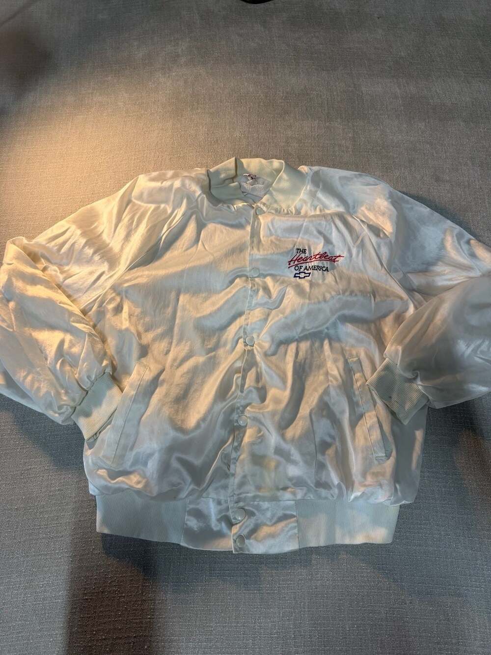 Vintage The Heartbeat of America Chevrolet White Satin Bomber Jacket